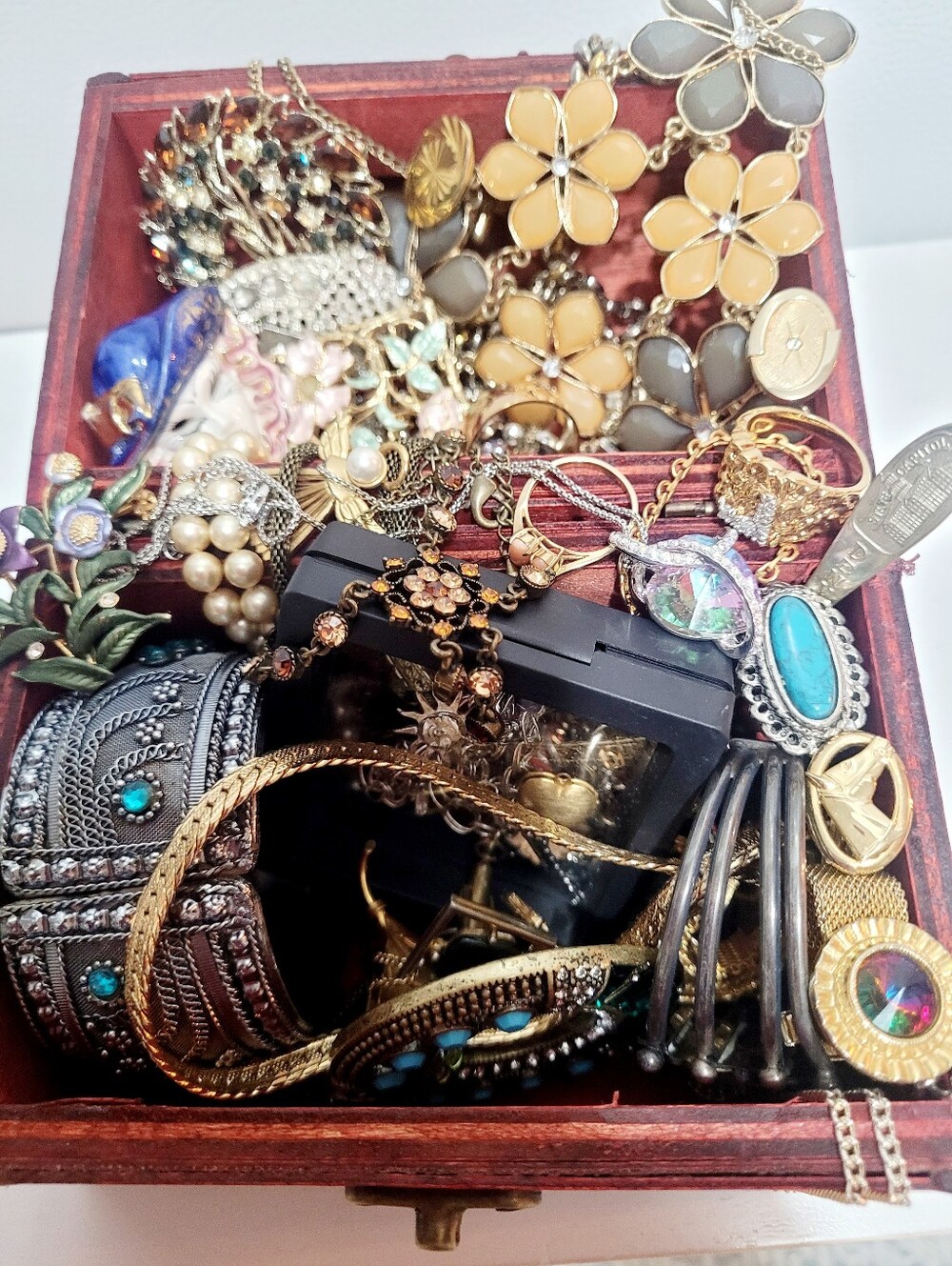 Costume Jewelry Lot with 6” Wooden Jewelry Box Vintage & Modern